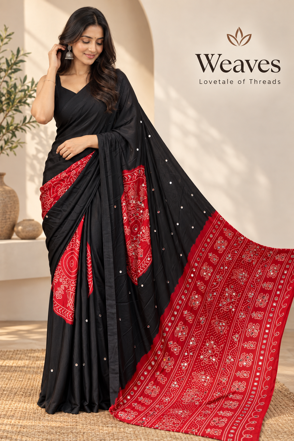 Black and red saree for the Semi - Modal Silk collection