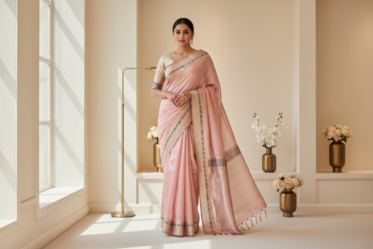 Model wearing a Soft Silk Tissue saree