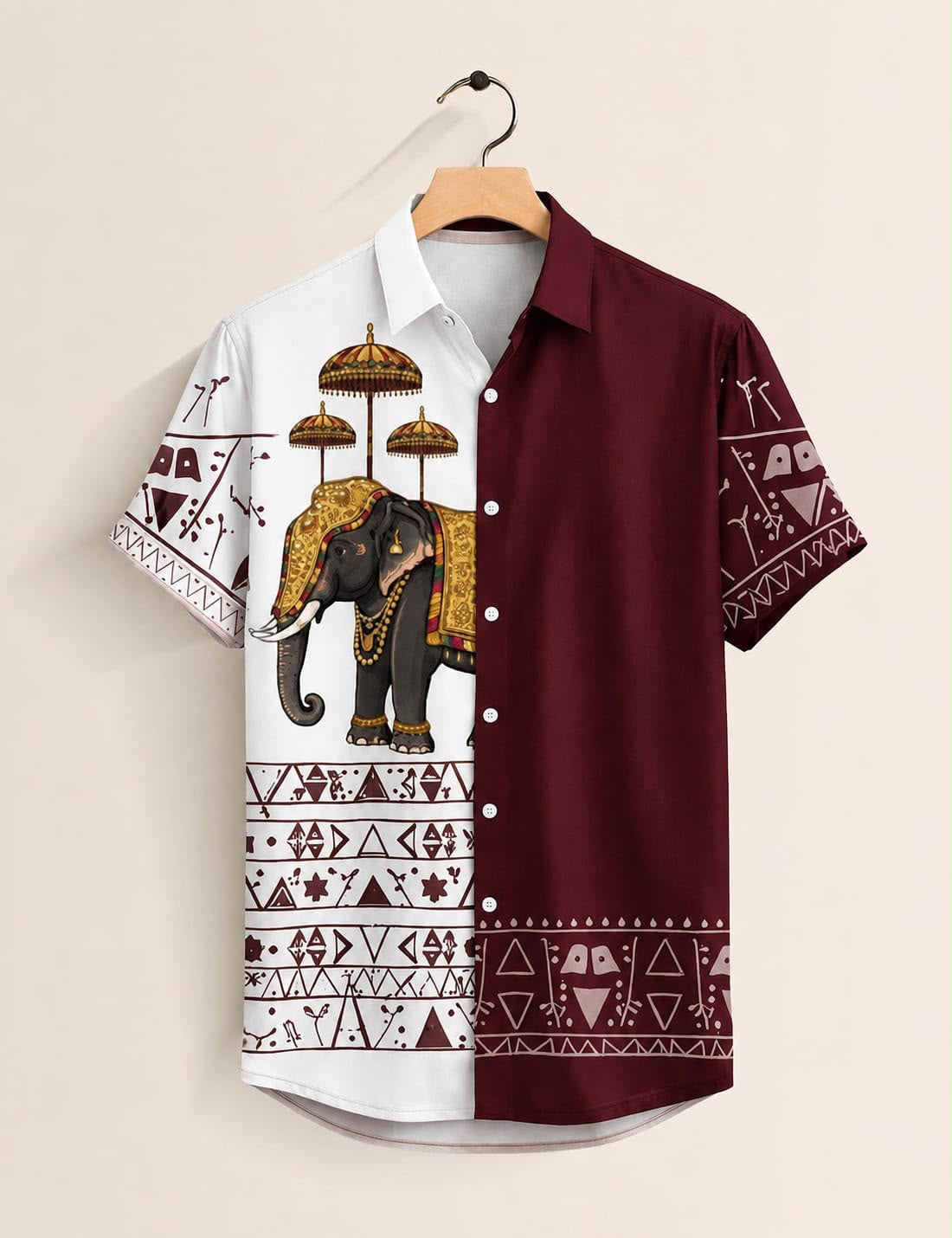 Onam Elephant Print Shirt with Mundu White & Maroon - front view