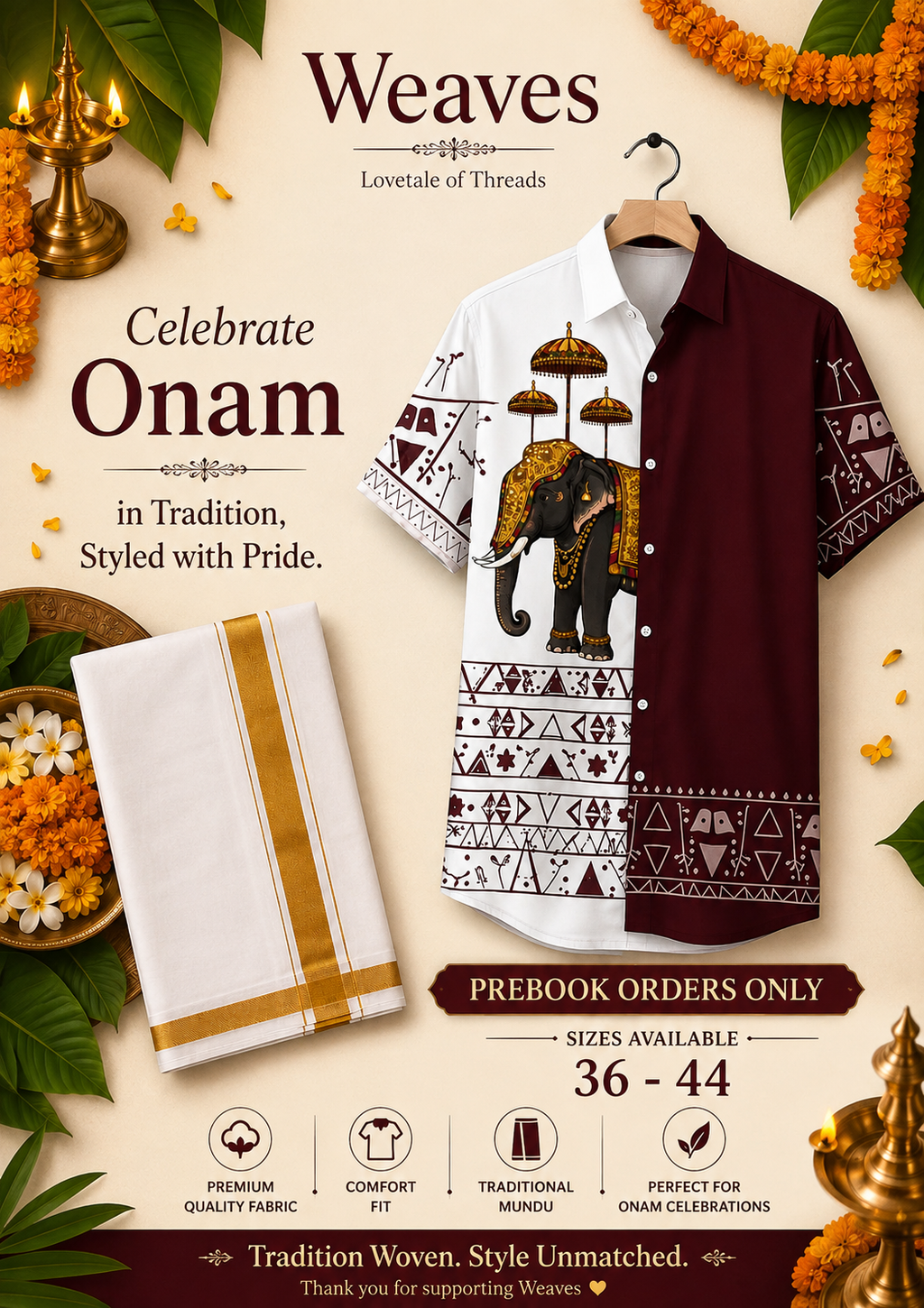 Onam Elephant Print Shirt with Mundu White & Maroon - Weaves promo