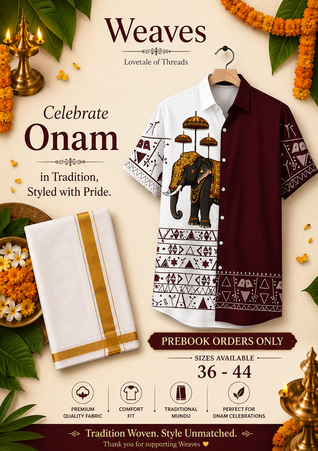 Onam Elephant Print Shirt with Mundu White & Maroon - Weaves promo