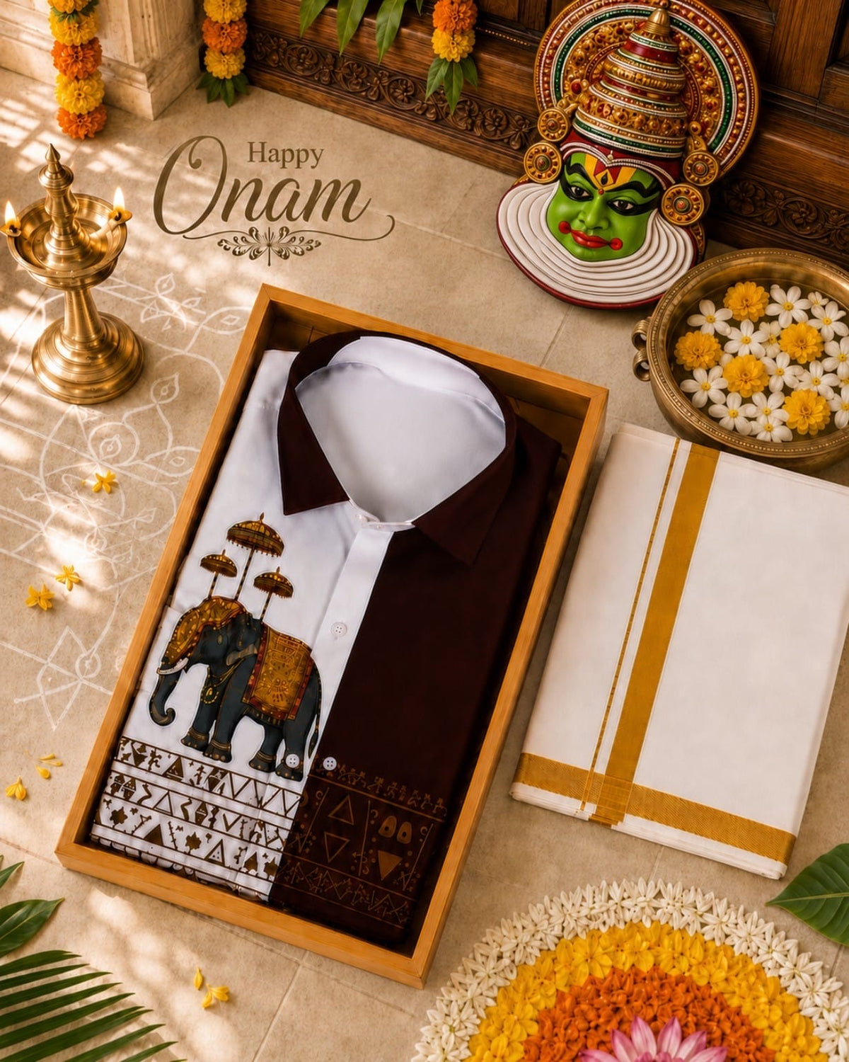 Onam Elephant Print Shirt with Mundu White & Maroon - festive flat lay