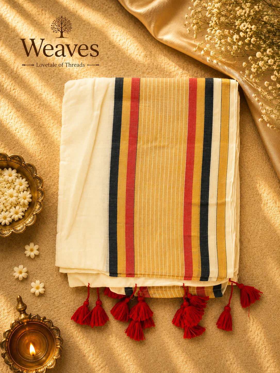 Cream, Gold, Red & Black Mul Cotton Saree with Tassels