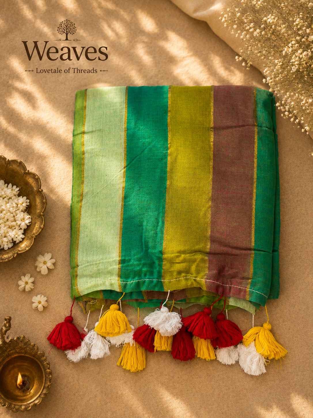 Green Mul Cotton Saree with Tassels