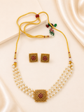 Antique gold-tone imitation Kundan square pendant necklace set with double-strand faux pearl and gold beads and matching square stud earrings