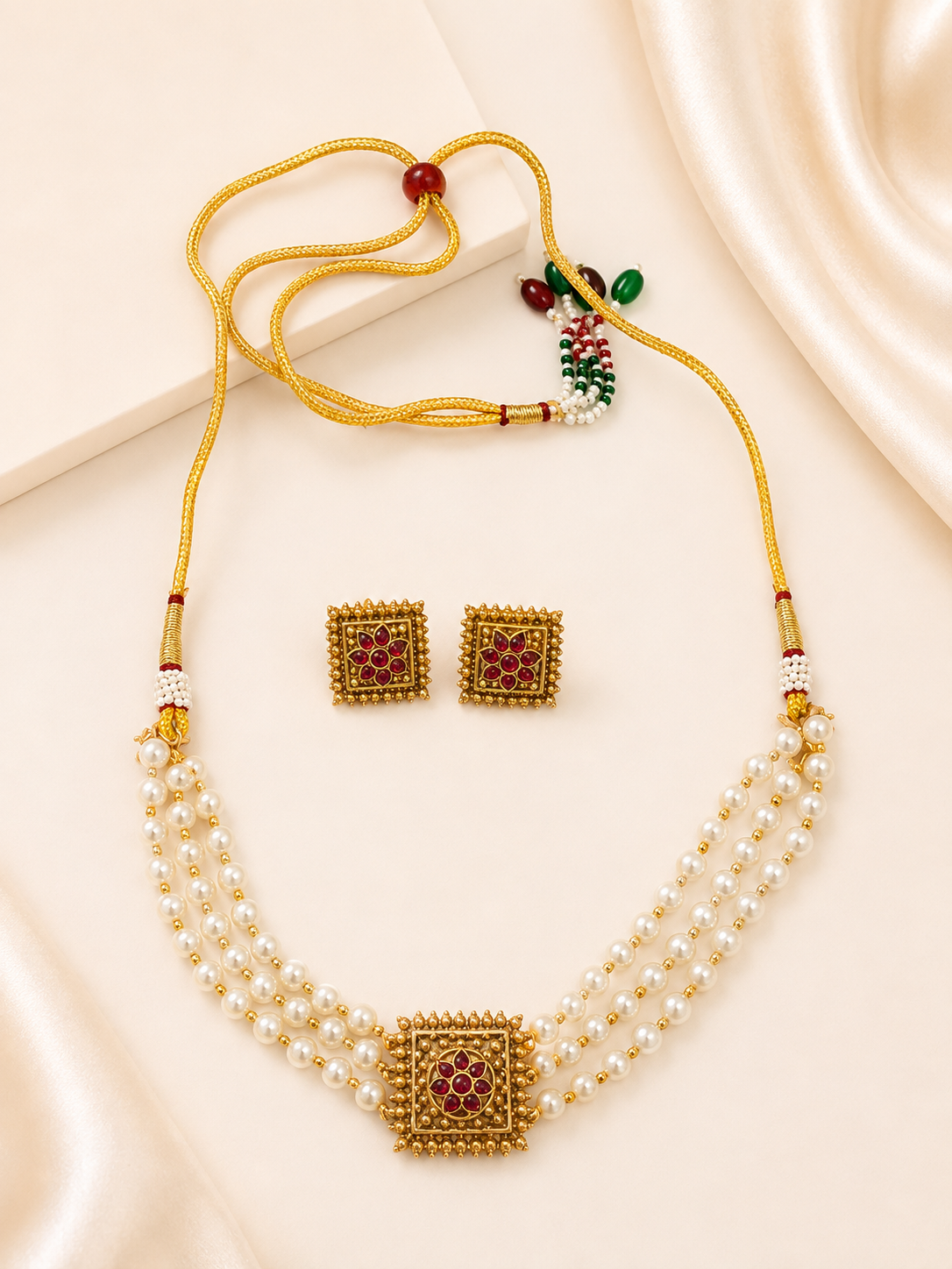 Antique gold-tone imitation Kundan square pendant necklace set with double-strand faux pearl and gold beads and matching square stud earrings