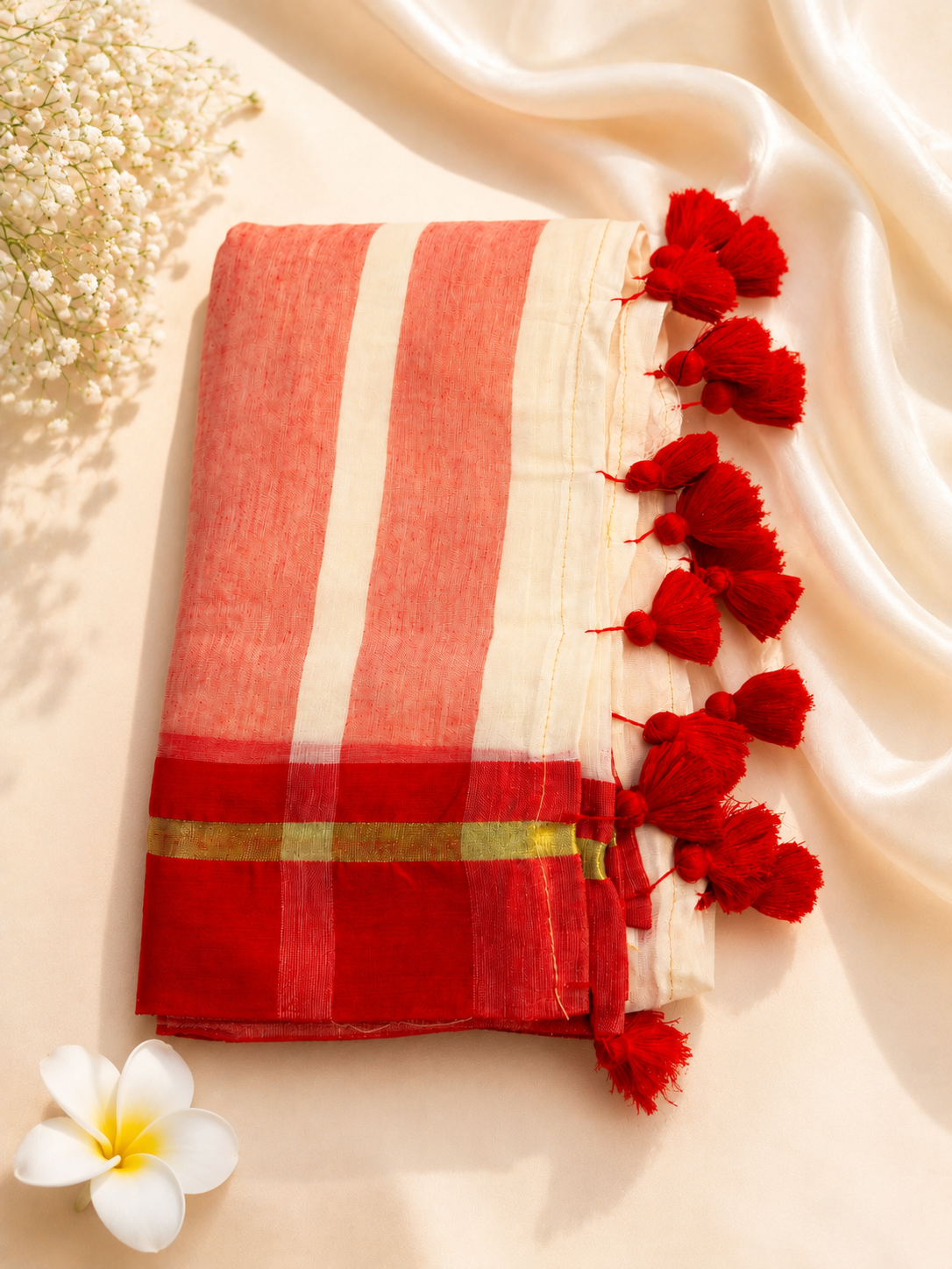 Red and off-white Mul Cotton saree with bold red border, gold zari stripe, and vibrant red tassel embellishments