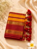 Off-white Mul Cotton saree with maroon and mustard yellow border, gold zari weave detailing, and red cotton tassels