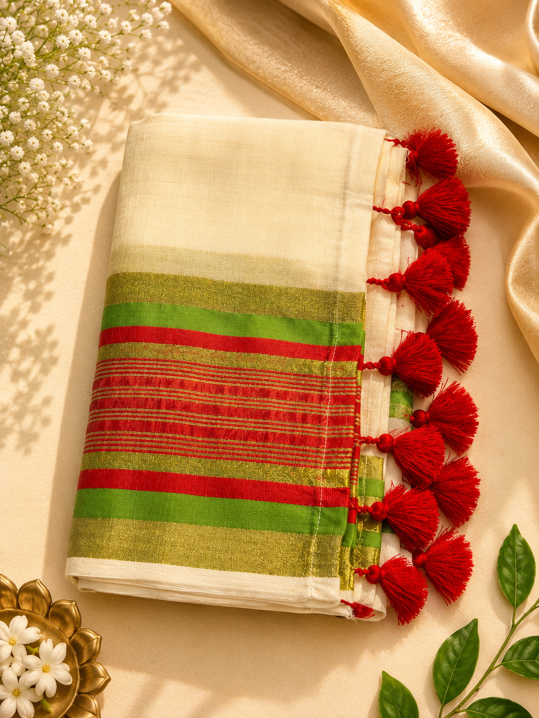 Off-white Mul Cotton saree with vibrant green and red striped border and bright red cotton tassels