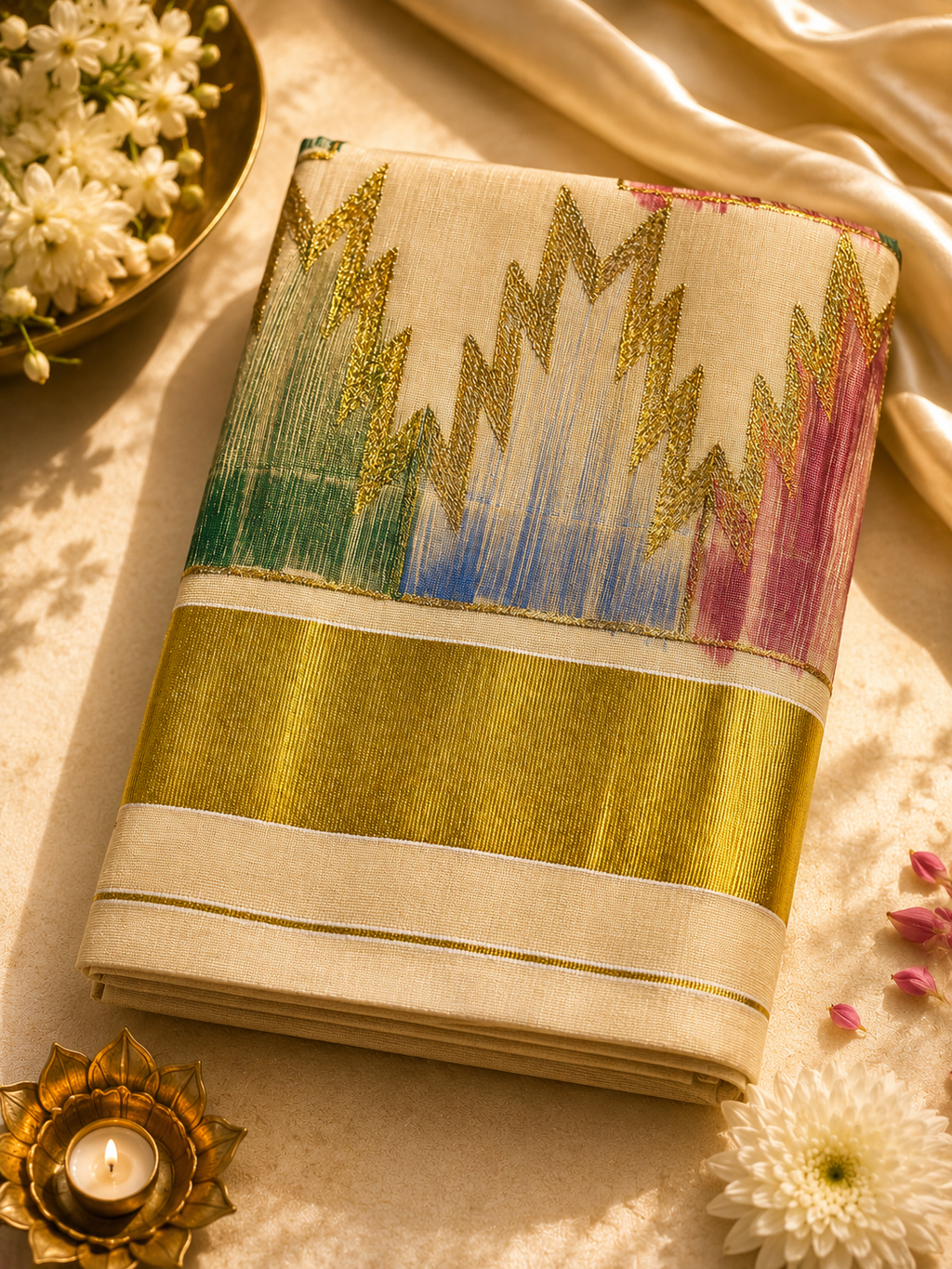 Kerala Tissue saree with cream body, multicolour teal blue and pink ikat print, gold thread detailing, and broad gold tissue border