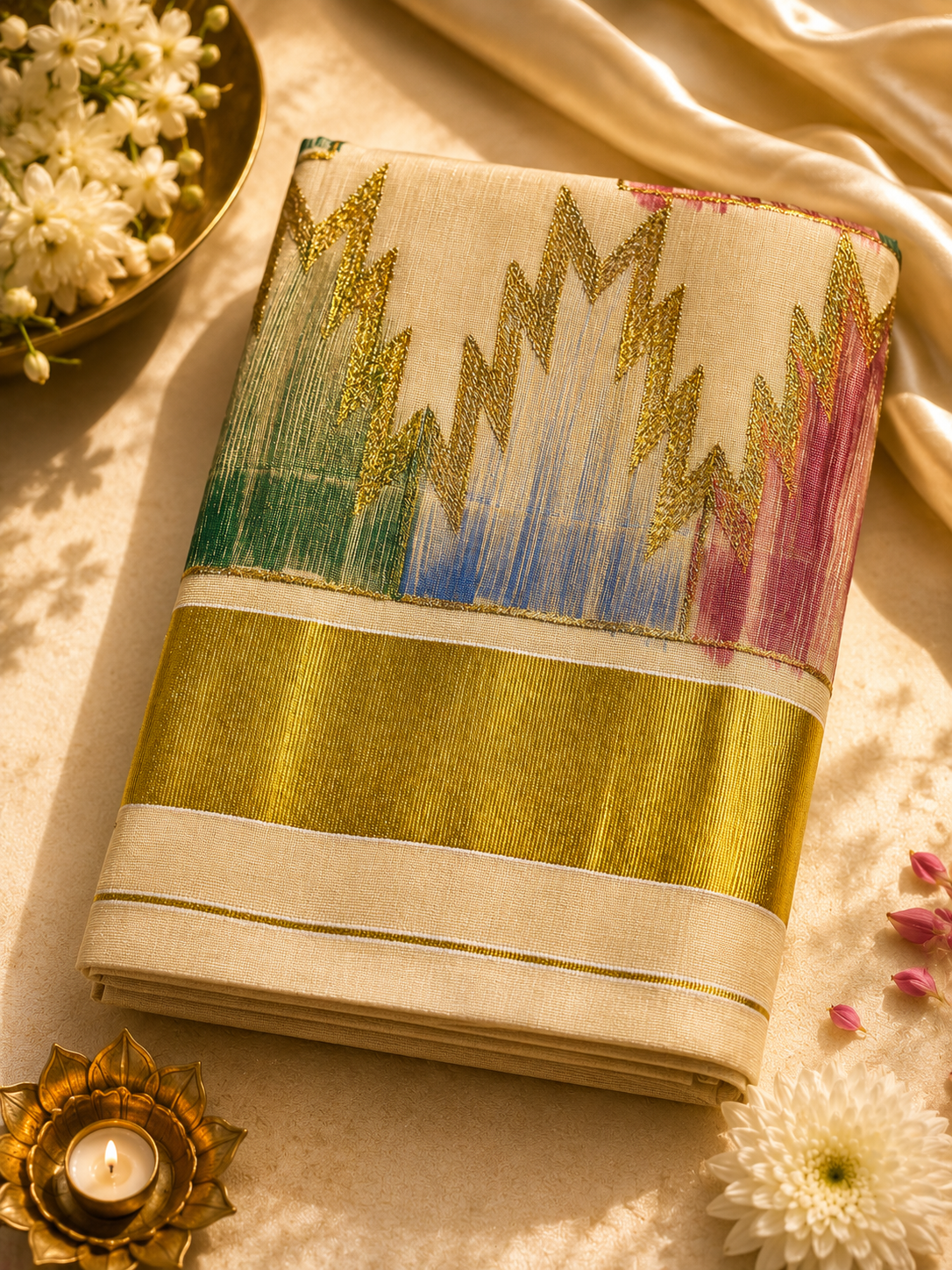 Kerala Tissue saree with cream body, multicolour teal blue and pink ikat print, gold thread detailing, and broad gold tissue border