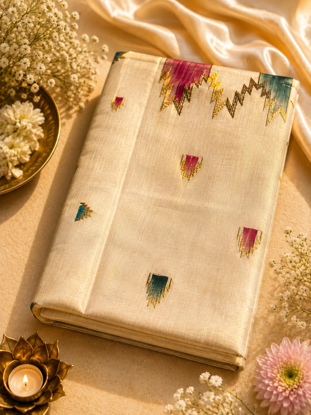 Kerala Tissue Saree with Multicolour Print & Gold Border