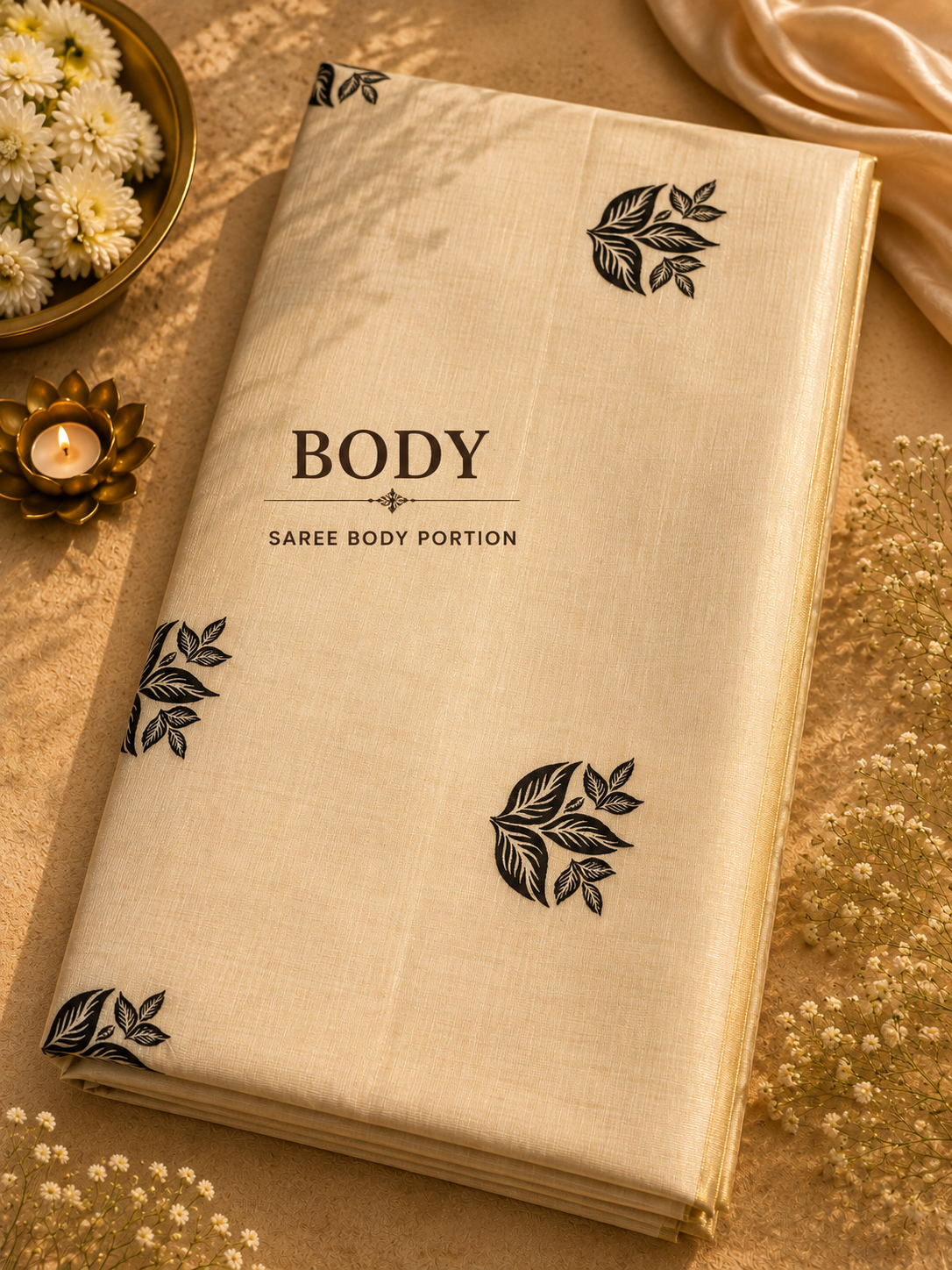 Kerala Tissue saree body portion showing scattered black leaf block print motifs on cream tissue fabric