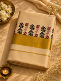 Kerala Tissue saree with cream body, black leaf block print border, and broad gold tissue border