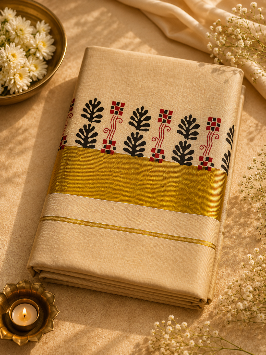 Kerala Tissue saree with cream body, black leaf block print border, and broad gold tissue border