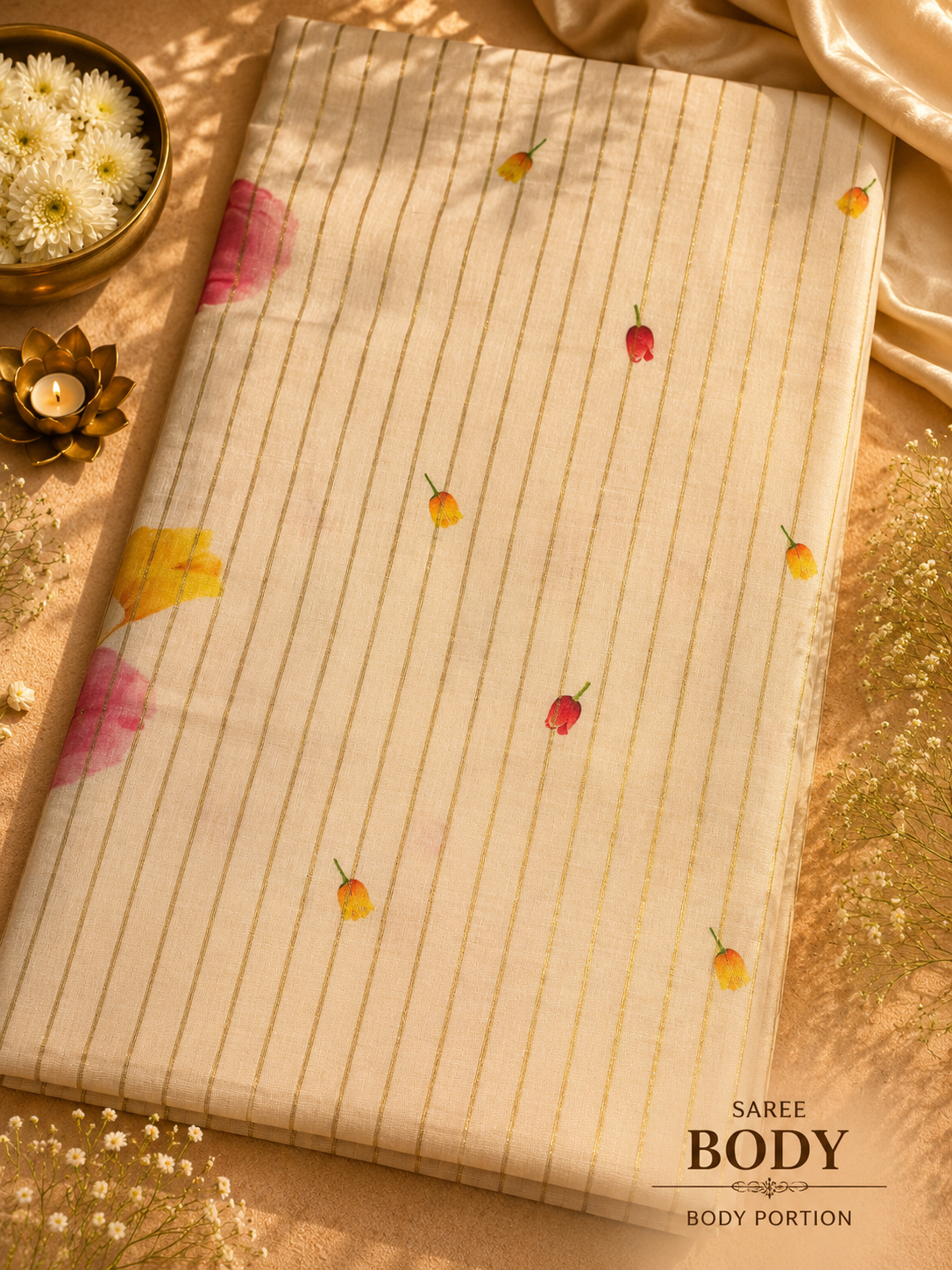 Kerala Tissue saree body portion showing scattered tiny tulip bud prints across fine gold stripes on cream tissue fabric