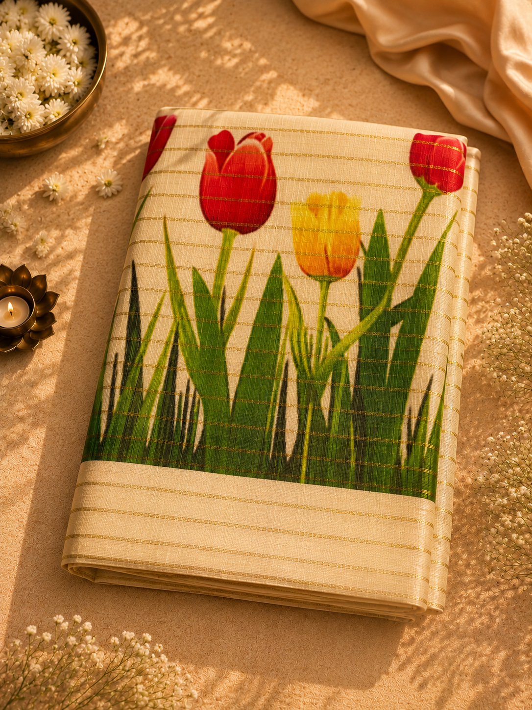 Kerala Tissue saree with cream body, large red and yellow tulip print border, and gold stripe detailing