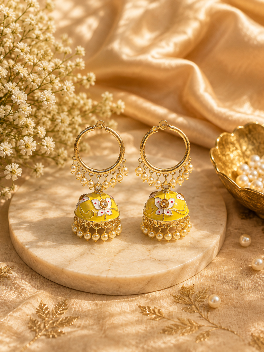 Yellow meenakari hoop jhumka earrings with gold hoop top, faux pearl drops, yellow enamel dome with white floral motifs