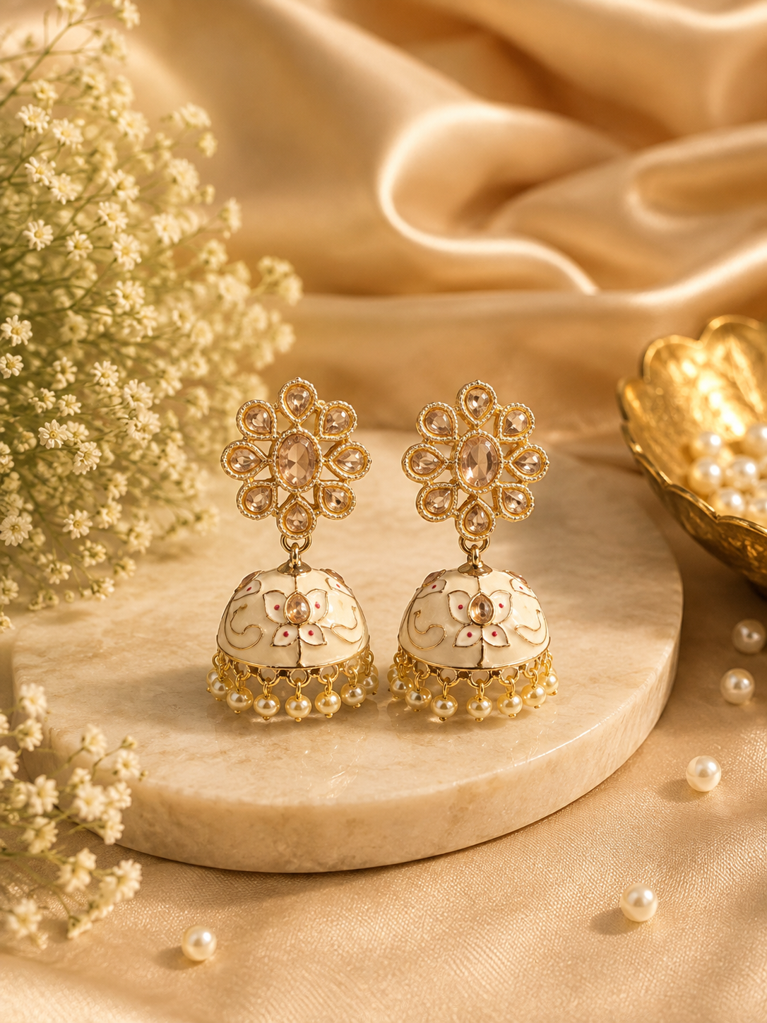 White meenakari jhumka earrings with gold-tone floral stud, enamel dome with floral motifs, and faux pearl drops