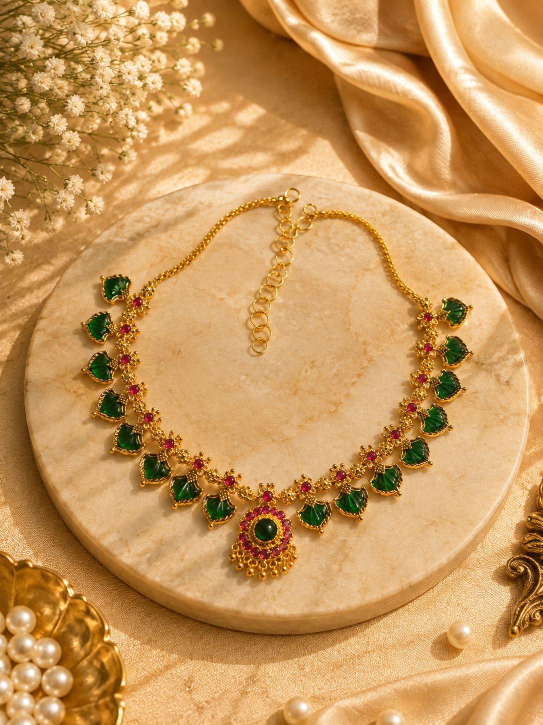 Emerald and ruby gold temple necklace on marble display