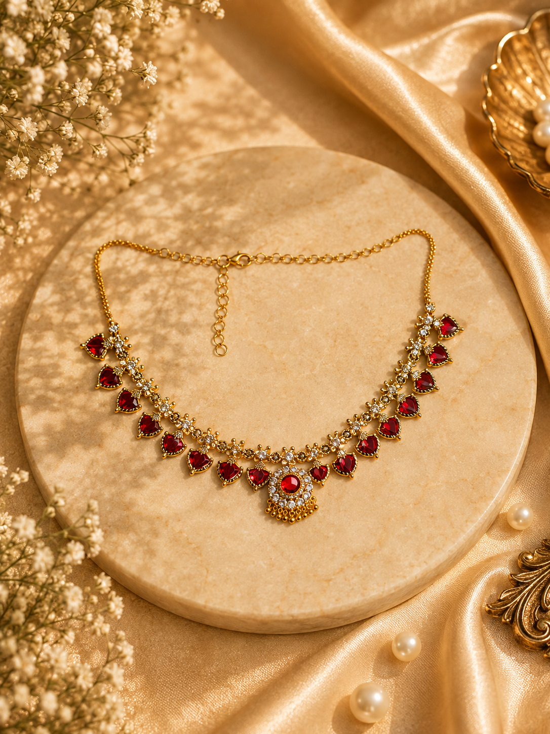 Traditional Palakka necklace with red stones on marble display