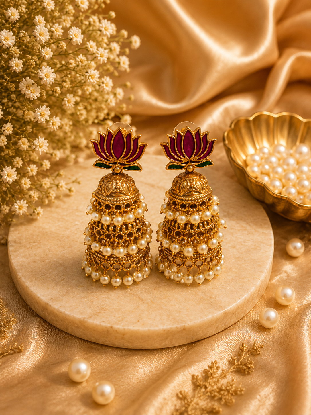 Lotus jhumka earrings with pearl drops on marble display