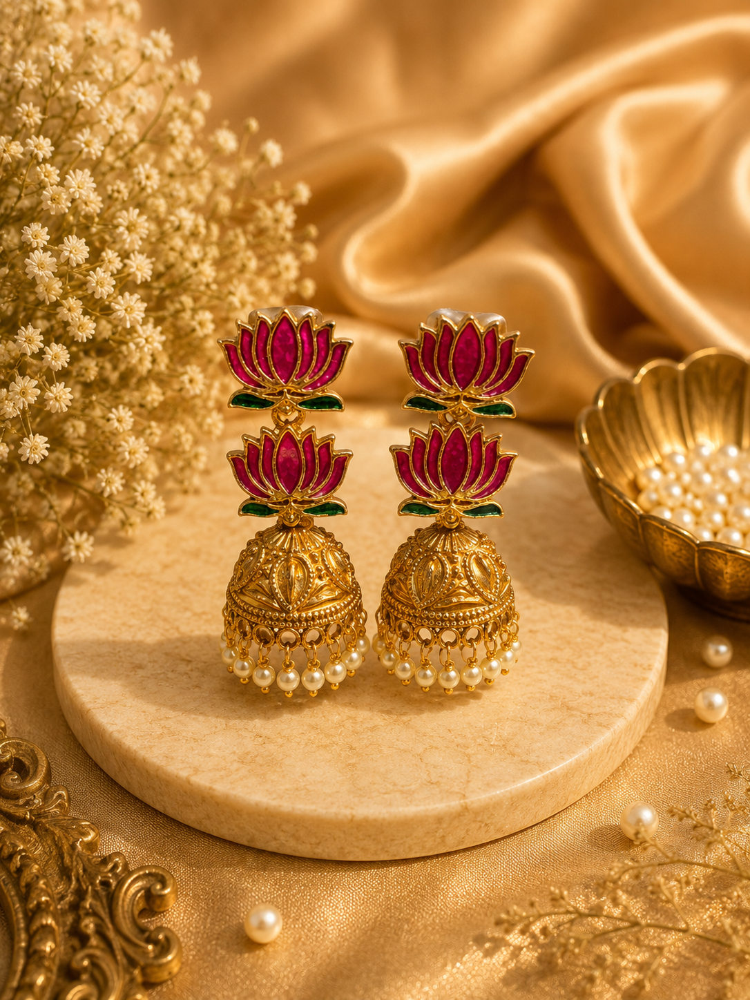 Double lotus jhumka earrings with pearl drops on marble display