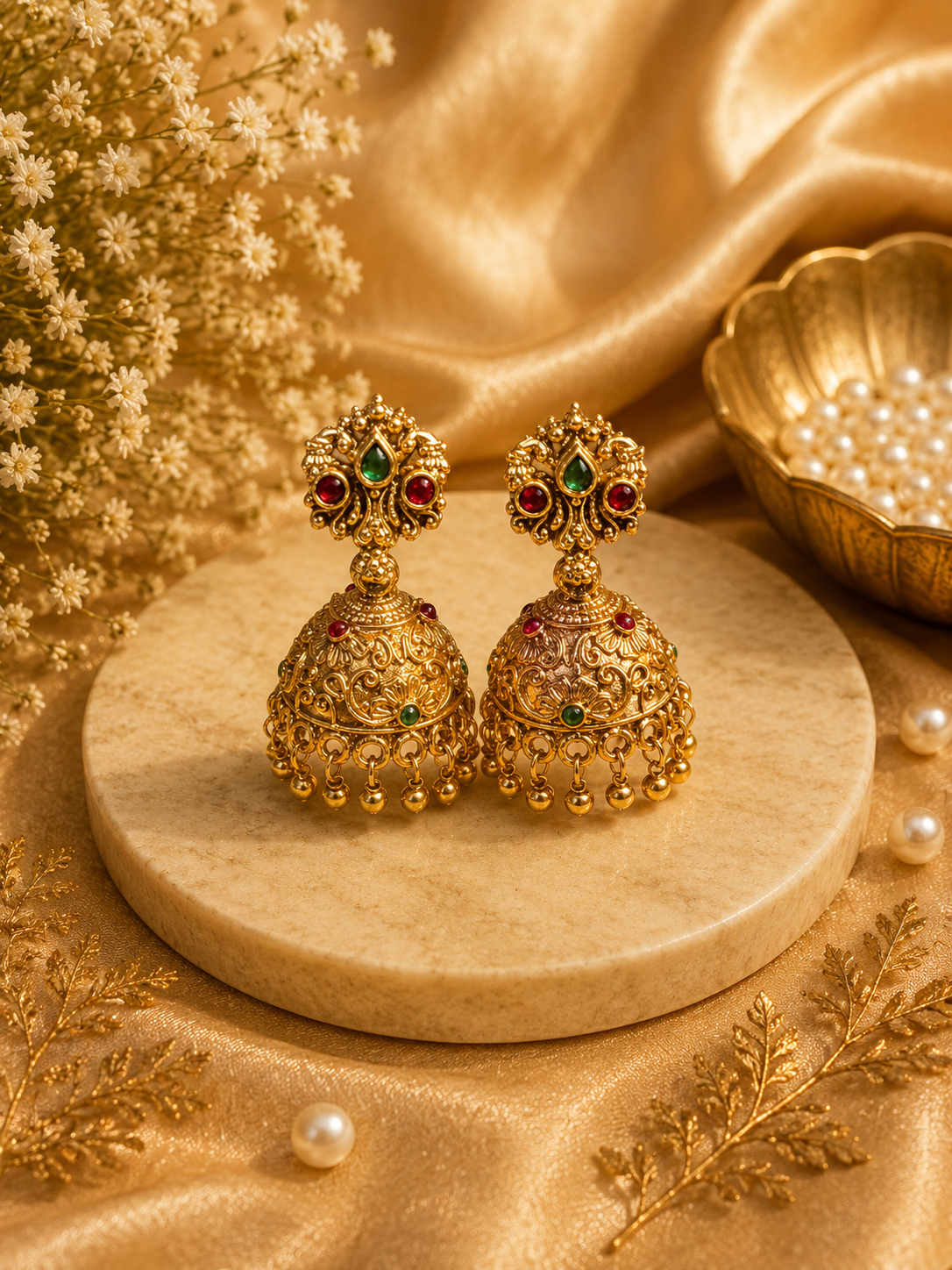 Antique gold jhumka earrings with ruby and emerald stones on marble display