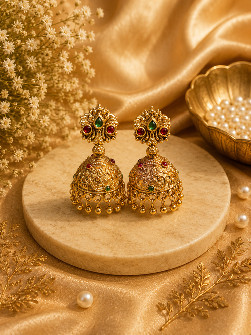 Antique gold jhumka earrings with ruby and emerald stones on marble display
