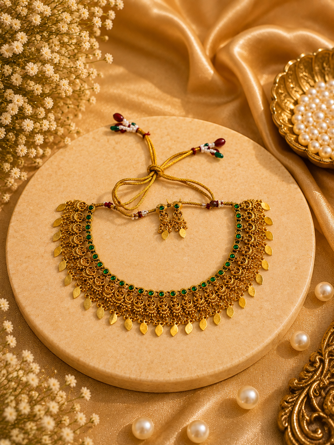 Antique gold choker necklace set with emerald stones and matching earrings on marble display