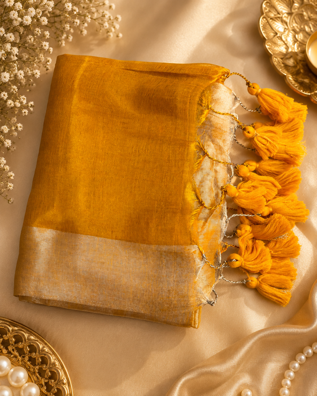 Mustard tissue saree with gold zari border and tassel