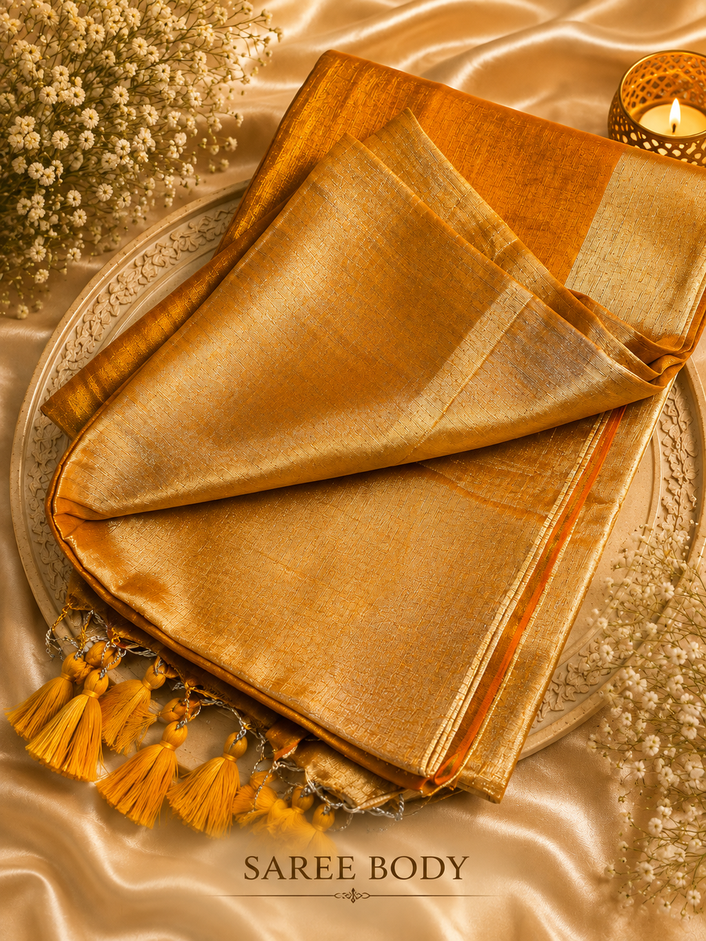 Mustard tissue saree body with gold zari weave detail