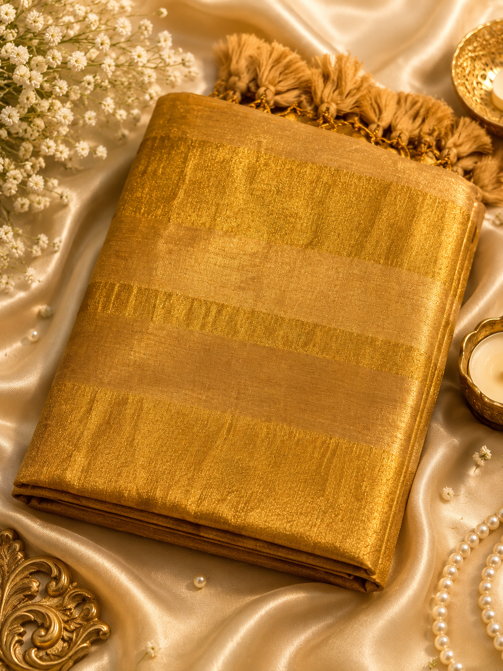 Mul cotton tissue gold saree with tassel detail