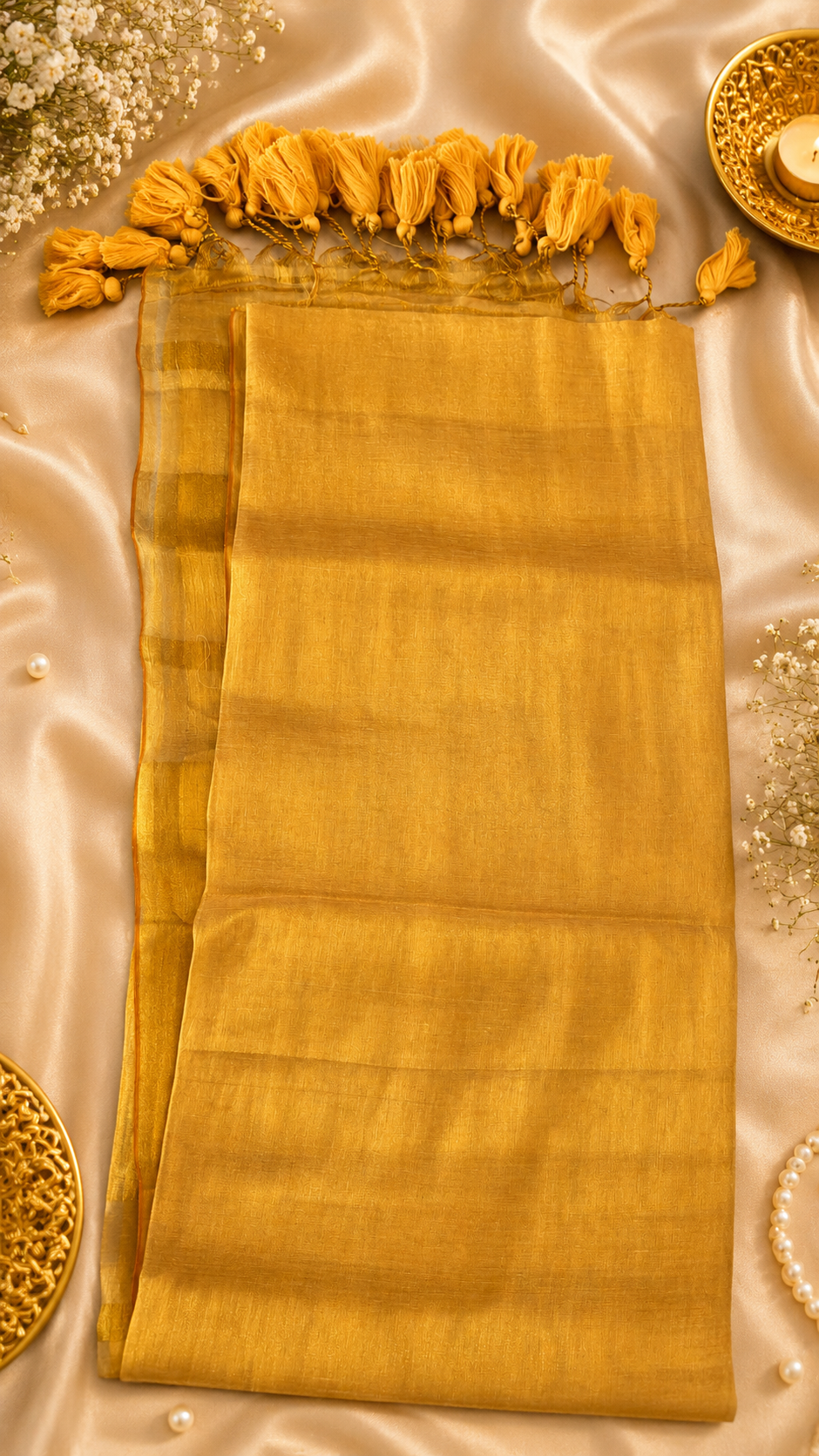 Mul cotton tissue gold saree full drape view