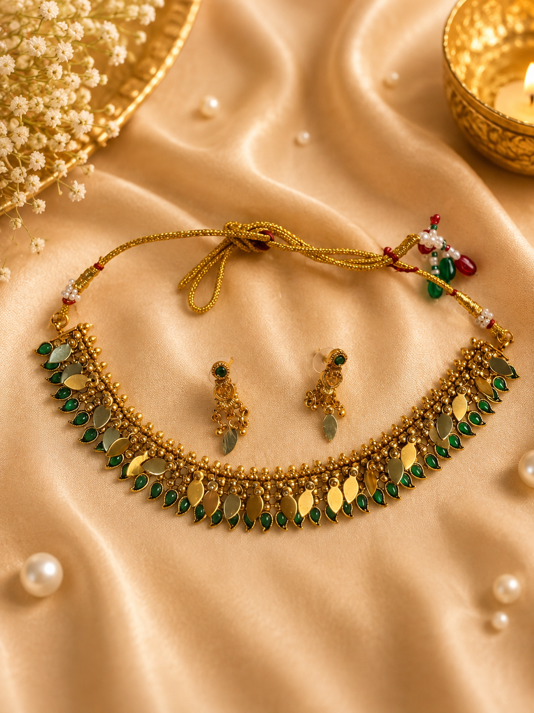 Antique gold Elakathali necklace set with green stones and mango drops on silk