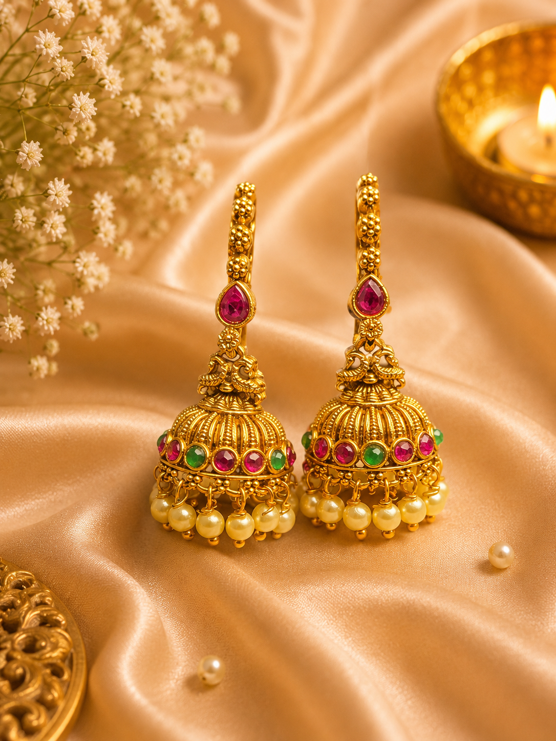 Antique gold peacock jhumka earrings with ruby emerald stones and pearl drops