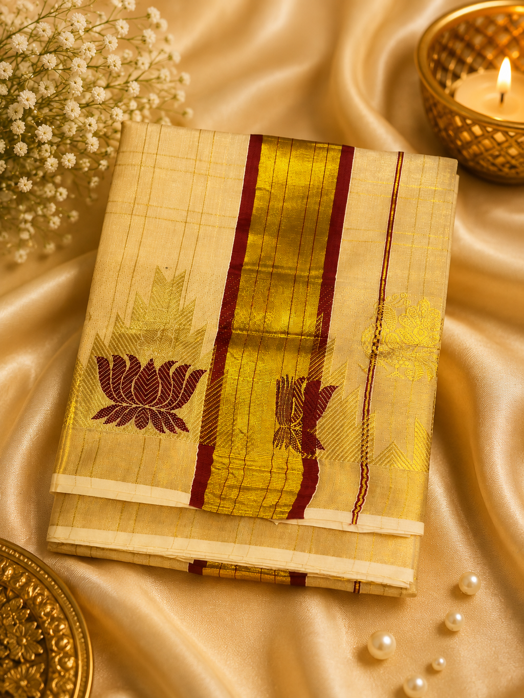 Kerala Tissue Saree with Gold Zari Border
