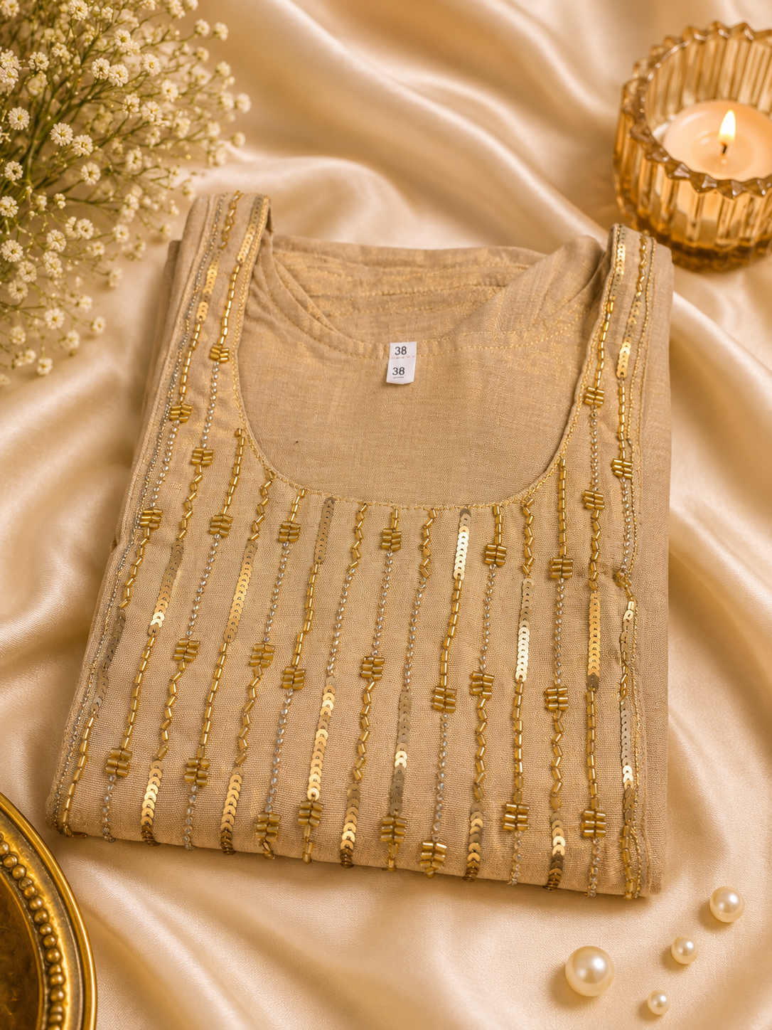 Tissue Straight Slit Kurti Top – front folded view