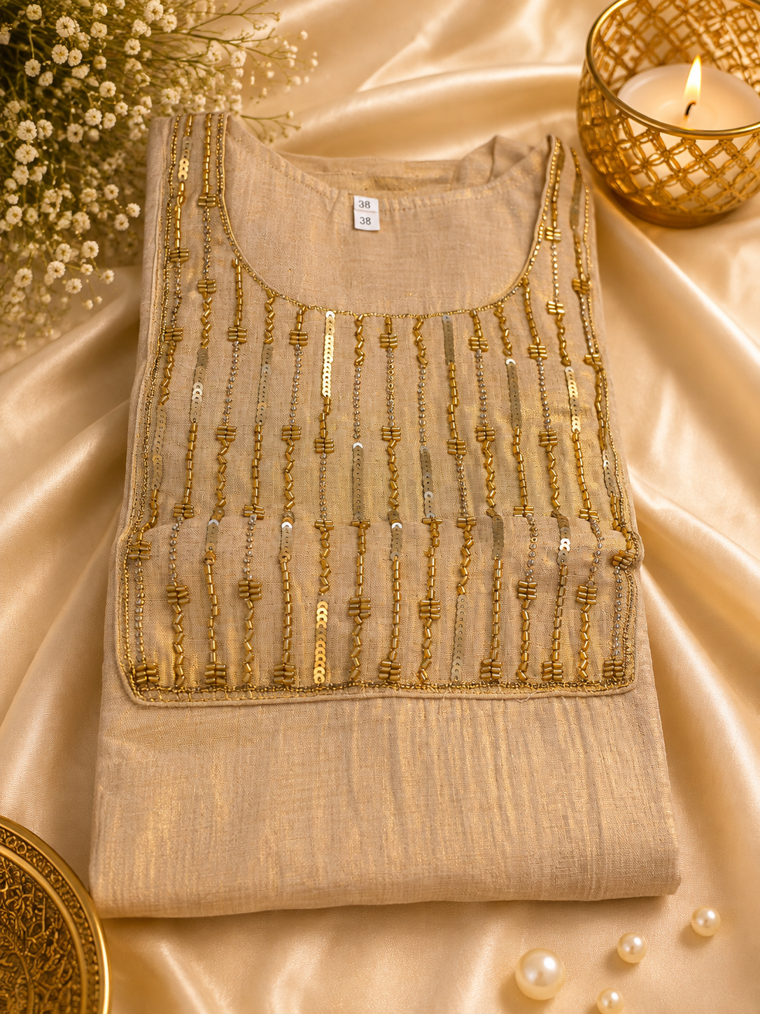Tissue Straight Slit Kurti Top – embroidery detail view