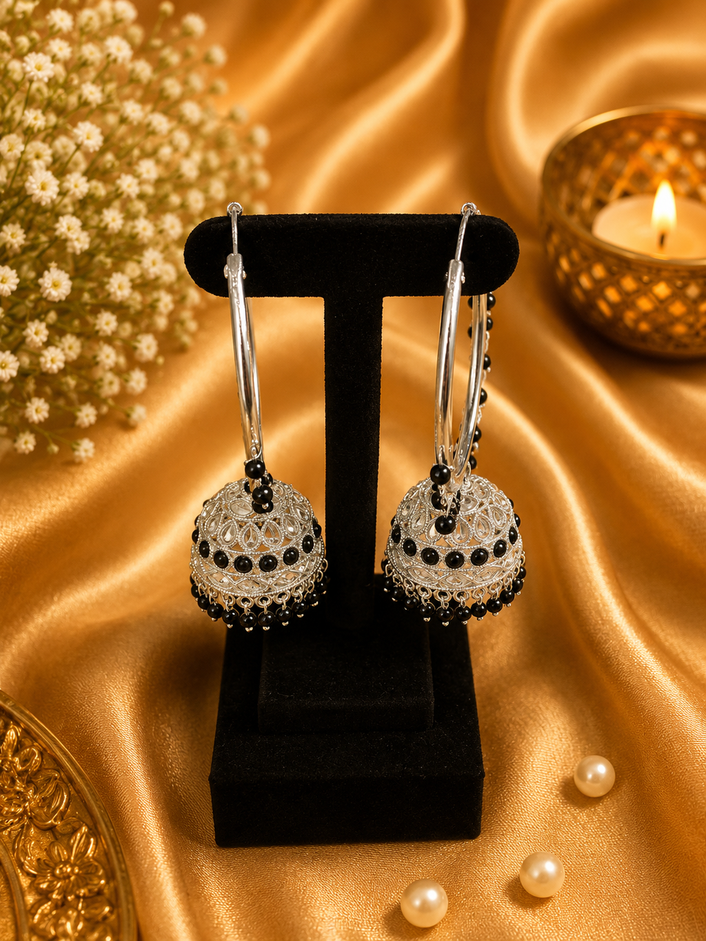 Silver Jhumka Hoop Earrings – Yellow