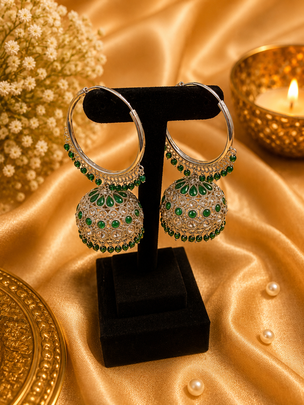 Silver Jhumka Hoop Earrings – Black