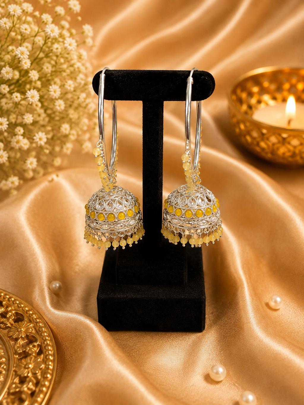 Silver Jhumka Hoop Earrings – Red
