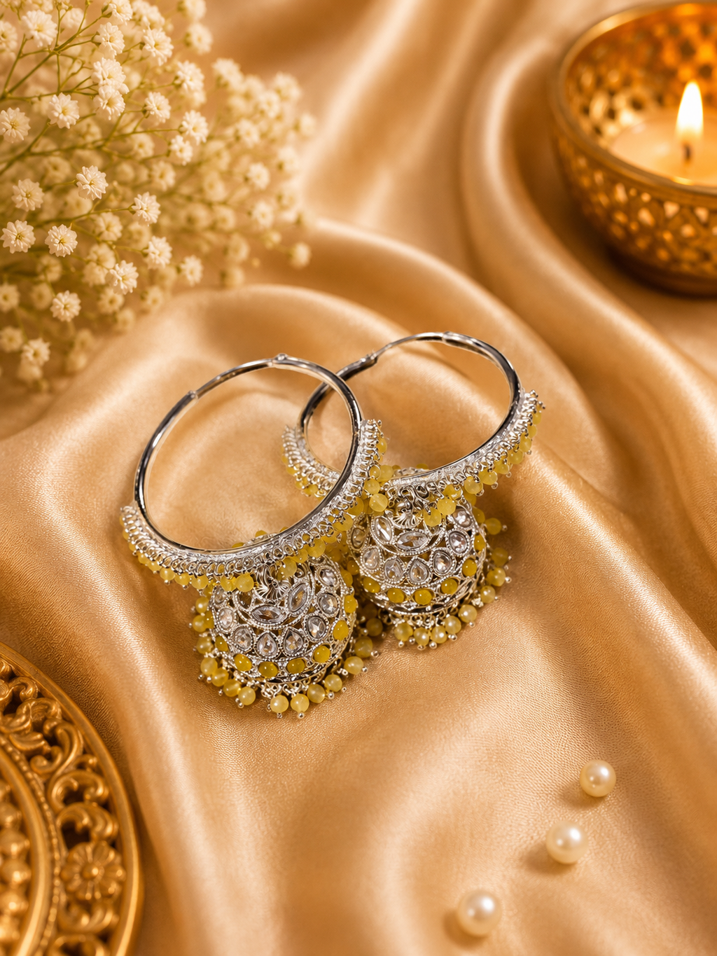 Silver Jhumka Hoop Earrings – Yellow (stand view)