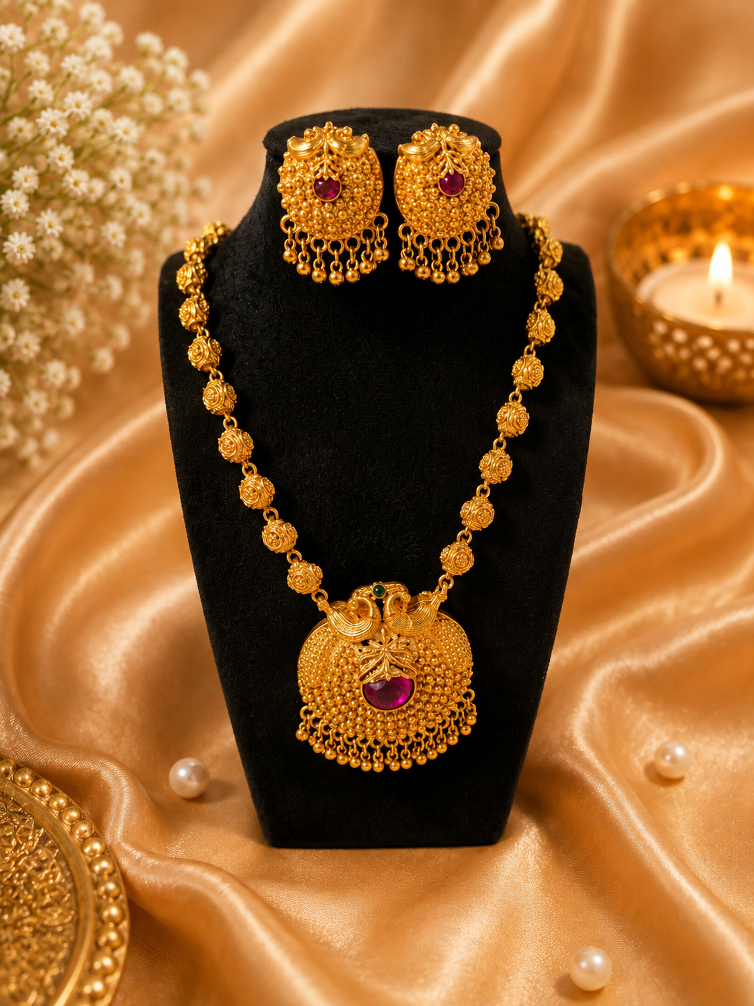 Gold Peacock Jhumka Necklace Set with ruby stone pendant and matching earrings