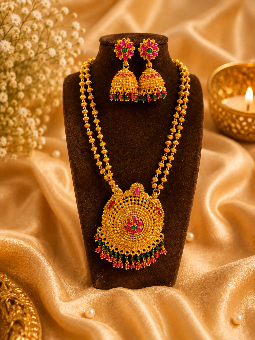 Gold Multi-Strand Jhumka Necklace Set with ruby and emerald stone pendant and matching earrings