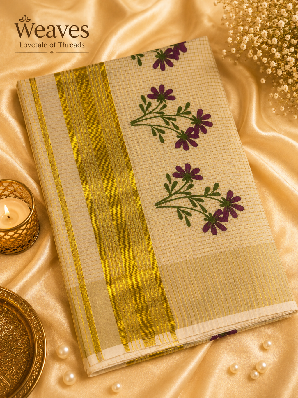 Tissue Onam Saree – Purple Floral with Gold Zari Border