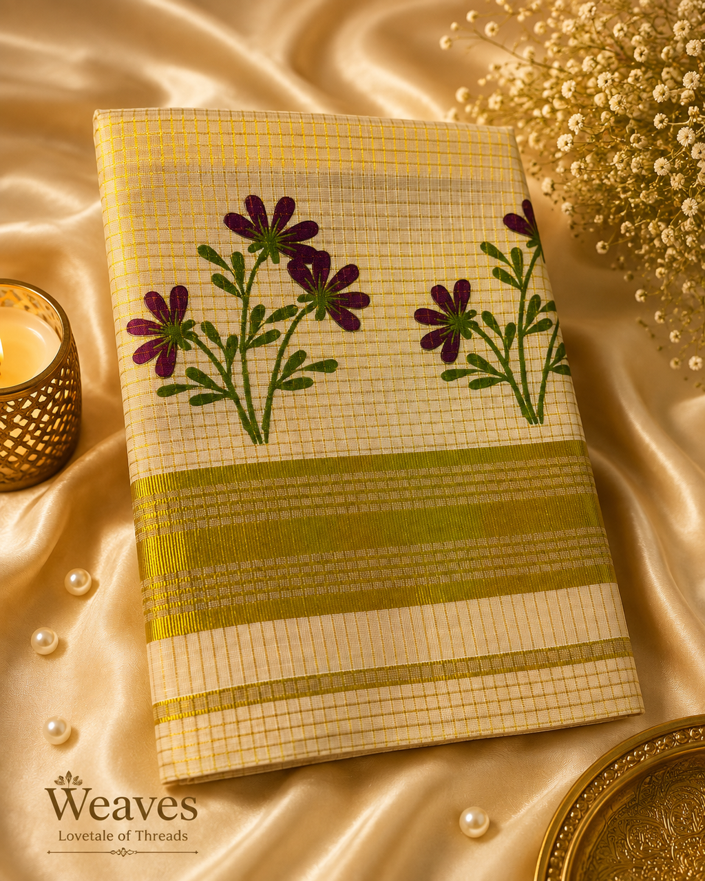 Tissue Onam Saree – Purple Floral with Olive-Gold Border
