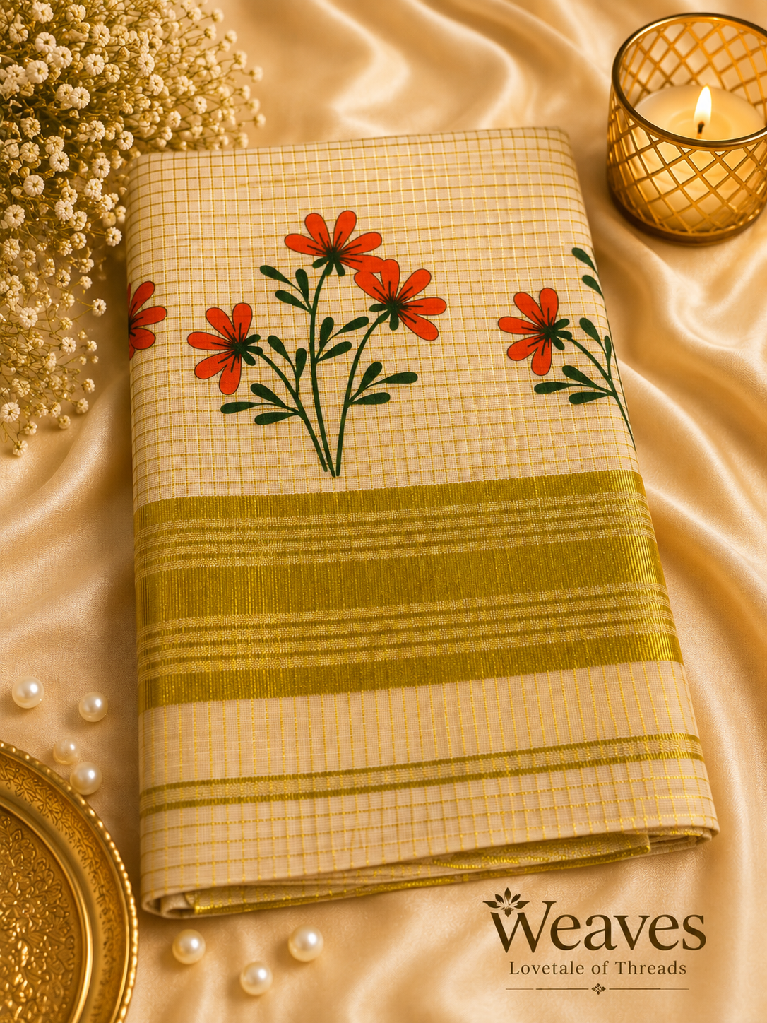 Tissue Onam Saree – Red Orange Floral with Olive-Gold Border