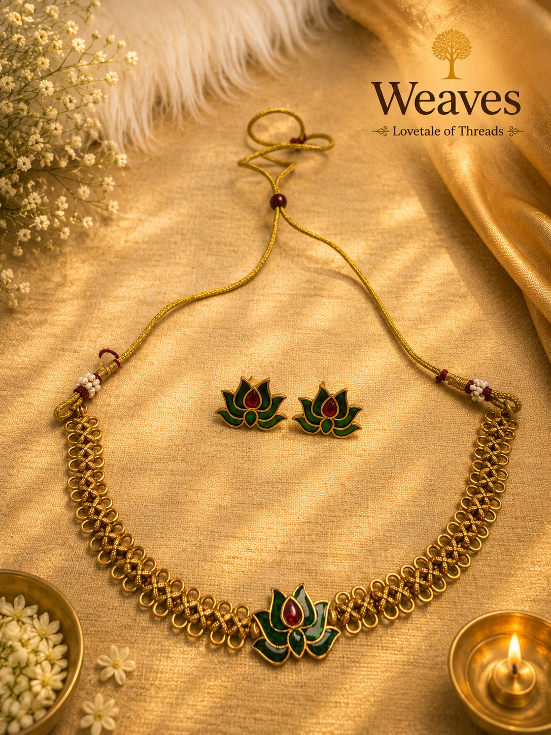 Emerald Lotus Choker Necklace and Earring Set with green enamel and ruby stone on gold chain-link base