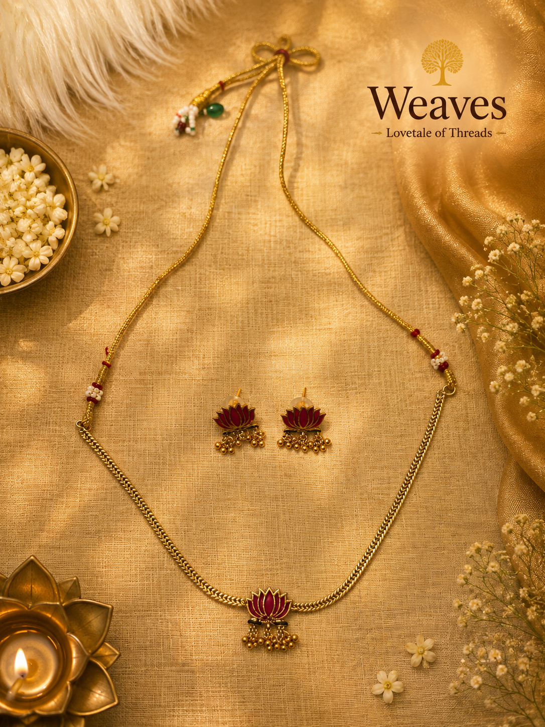 Ruby Lotus Long Chain Necklace and Jhumka Earring Set in gold herringbone chain with ruby enamel lotus pendant